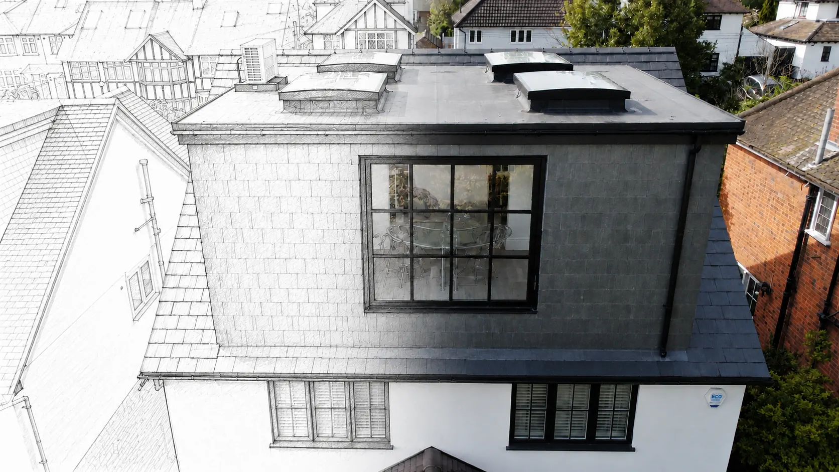 Aerial view of a completed flat roof dormer loft conversion