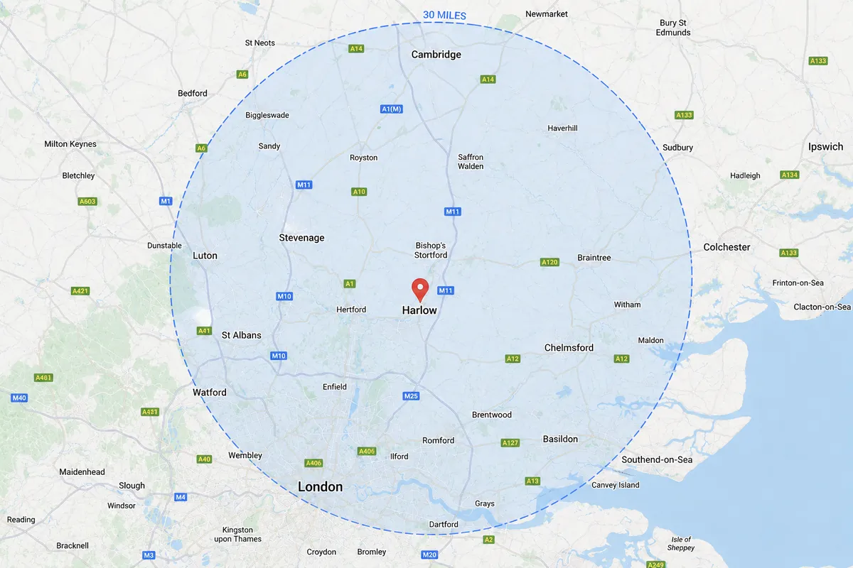 Map showing a 30-mile service radius around Harlow covering Essex, Hertfordshire and North & East London